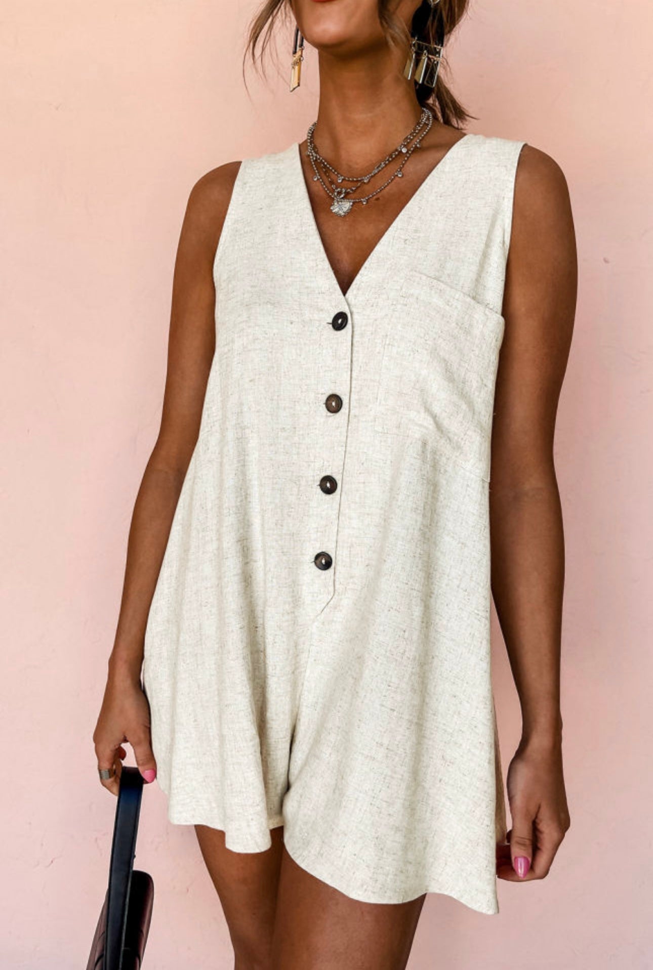 Beige Sleeveless V-Neck Romper